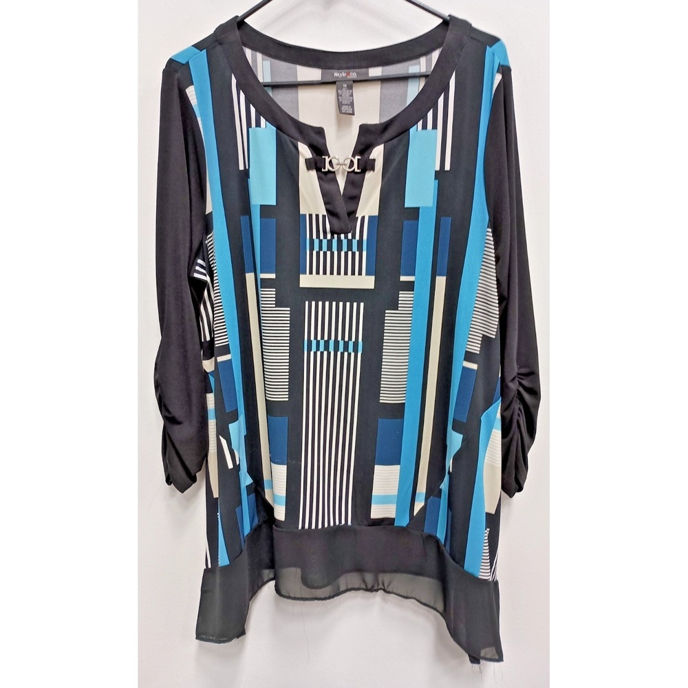 Style&Co Tunic Top Womens Size 1X  Blue Black Abstract Wearable Art Chiffon Hem‎